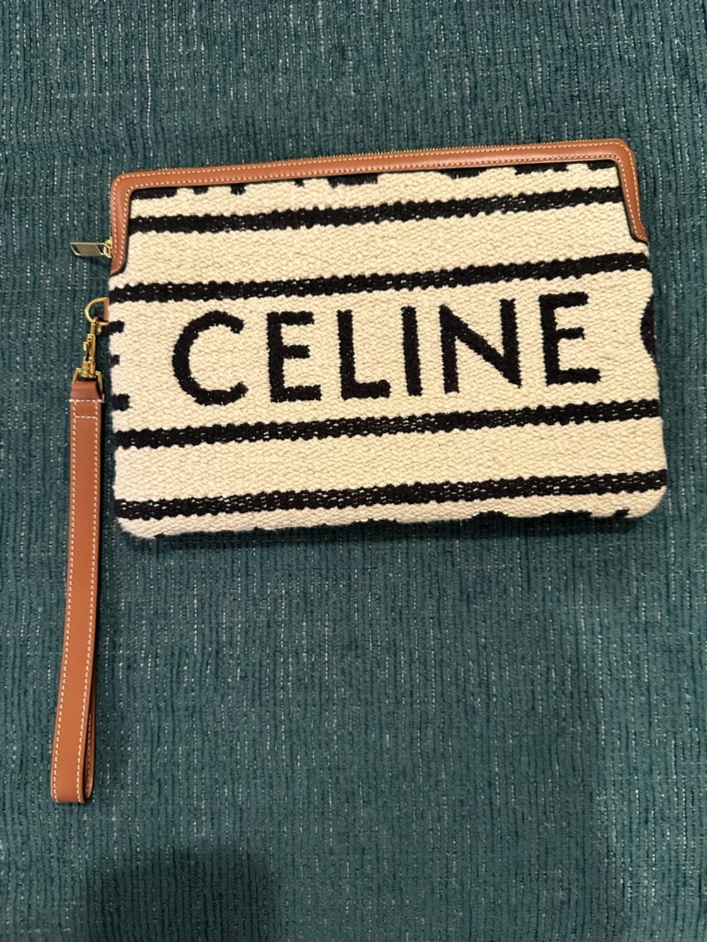 Celine Black and Cream Striped Canvas Wristlet with Tan Trim - Picture 14 of 17